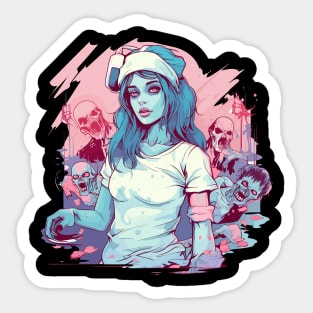 Weary Long-Haired Nurse Amid Sinister Spirits Sticker